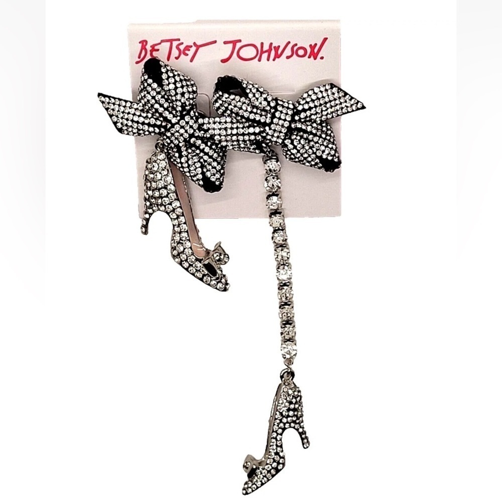 BETSEY JOHNSON Rhinestone High Heel Shoes & Bows Mismatched Dangle Earrings NWT